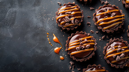 Mini chocolate tarts with caramel drizzle, elegant background, copy spaceの素材