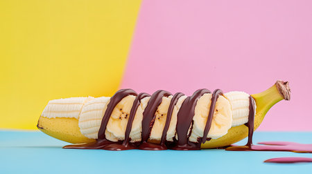 Fresh banana split with chocolate drizzle, colorful background, room for textの素材