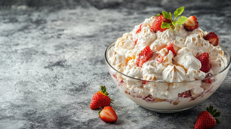 Eton mess dessert with meringue, strawberries, cream, clean background, copy spaceの素材