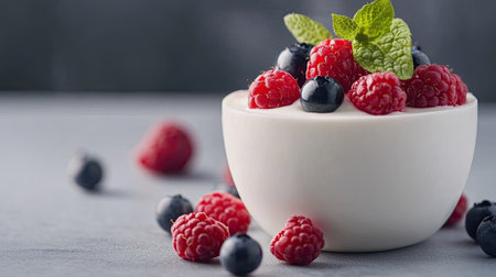 Italian panna cotta with fresh berry topping, clean background, copy spaceの素材