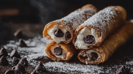 Layered Italian cannoli with chocolate chips, powdered sugar, space to copyの素材