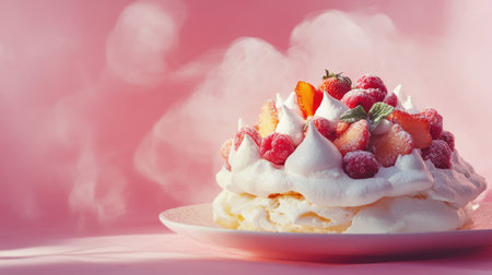 Pavlova with meringue and fruit topping, close-up, pastel background, copy spaceの素材