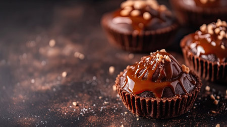 Mini chocolate tarts with caramel drizzle, elegant background, copy spaceの素材