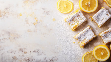 Lemon bars with powdered sugar topping, light background, space for textの素材
