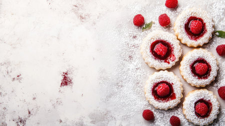 Raspberry linzer cookies with powdered sugar, clean background, room for textの素材