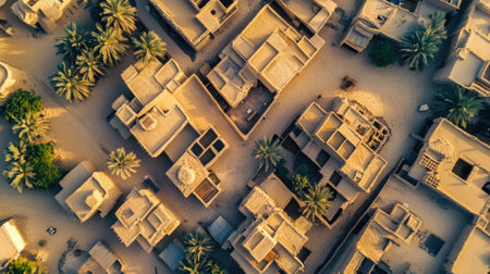 Aerial view of traditional UAE village architecture, room for textの素材