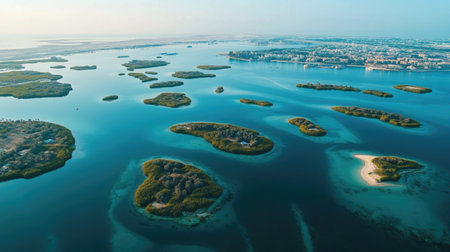 Aerial of Dubai islands and coastline, with ample room for textの素材