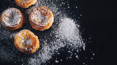 Sweet Portuguese pasts de nata with powdered sugar, copy spaceの素材