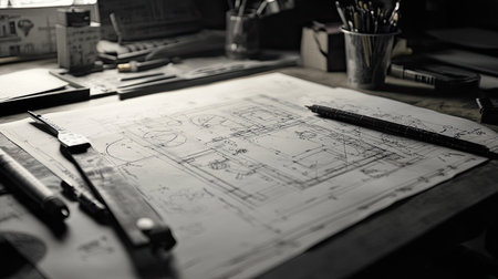 Blueprints and drafting tools on a table, representing the creation process, ample text areaの素材