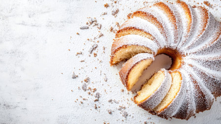 Sliced bundt cake with powdered sugar, close-up, light background, copy spaceの素材