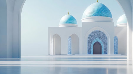 Blue-domed mosque with clean white walls, copy space for textの素材
