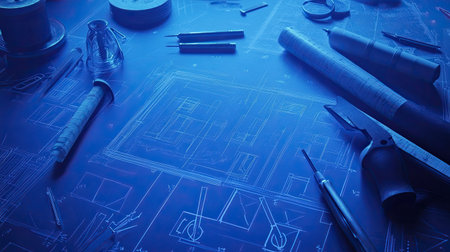Blueprints and drafting tools on a table, representing the creation process, ample text areaの素材