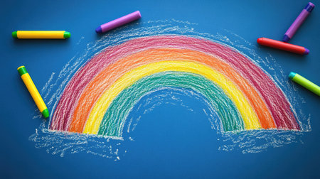 Child drawing of a rainbow on paper with crayons scattered around, ample copy spaceの素材