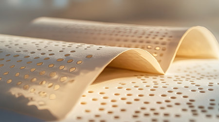 Braille book pages open on a table, emphasizing accessible information, light background, text areaの素材