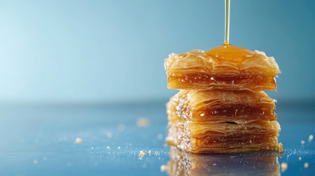Traditional Greek baklava drizzled with honey, on blue background, copy spaceの素材