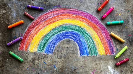 Child drawing of a rainbow on paper with crayons scattered around, ample copy spaceの素材