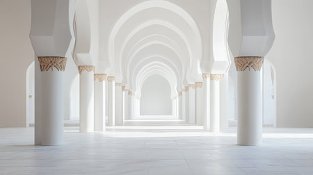 Arched walkway in Sheikh Zayed Mosque with clean background, copy spaceの素材