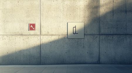 Accessible sign with ramp and wheelchair symbol on a wall, neutral background, copy spaceの素材