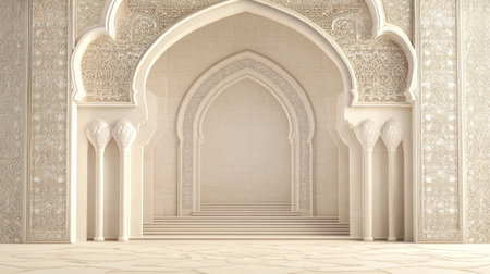 Archway of Sheikh Zayed Mosque with intricate design, open area for textの素材