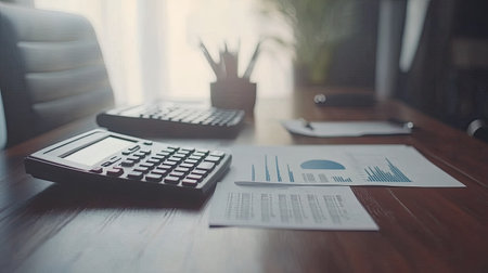 Desk with calculator, financial reports, and a growth chart, business planning concept, copy spaceの素材