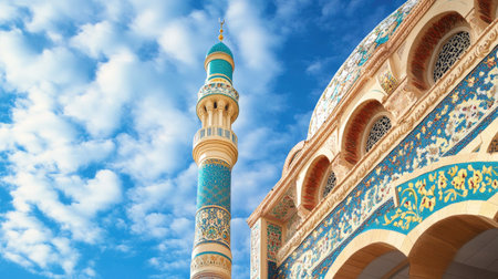 Beautiful minaret and dome details of UAE mosque, spacious layout for textの素材