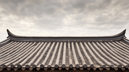 Classic Chinese temple roof with intricate tile patterns, blank skyの素材