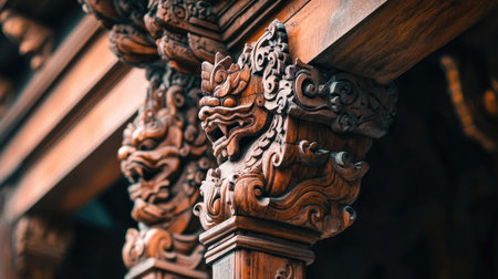 Close-up of traditional wooden carvings on Southeast Asian buildingの素材
