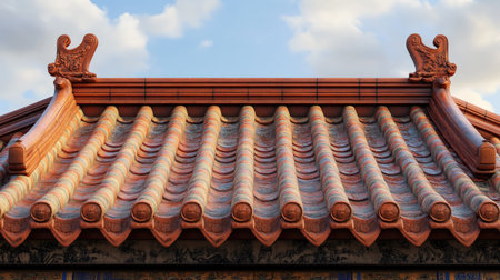 Classic Chinese temple roof with intricate tile patterns, blank skyの素材