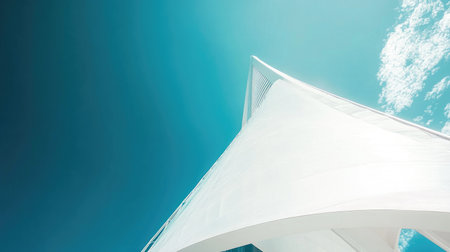 Close-up of Burj Al Arab sail-shaped structure with blue sky, copy spaceの素材