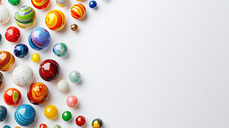 Brightly painted marbles and spinning tops on white background, festive theme with ample copy spaceの素材