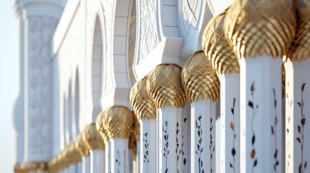Elegant minaret details on Abu Dhabi mosque, blank area for textの素材