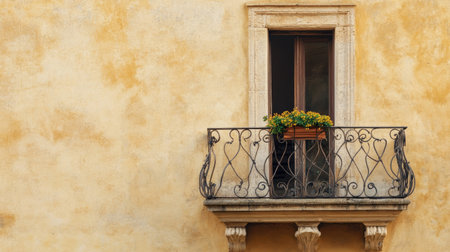 Decorative wrought iron balcony on an old European building, ample copy spaceの素材