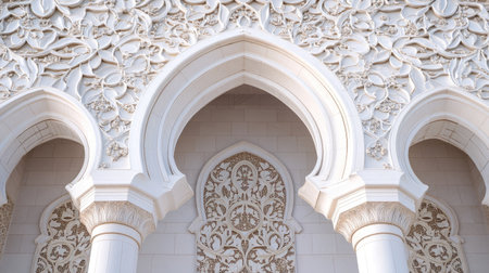 Close-up of decorative patterns on UAE mosque walls, blank area for textの素材