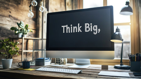 Empty workspace with a computer and motivational quote "Think Big," copy area for textの素材