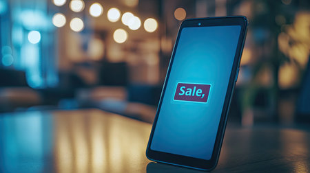 Discount codes and a smartphone screen showing "Sale," against a modern background, room for textの素材