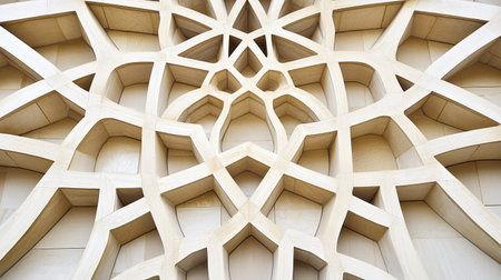 Close-up of Islamic geometric designs on UAE structure, ample room for textの素材