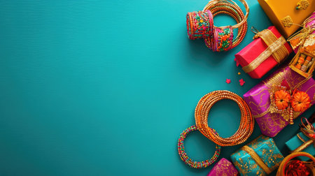Festive colored bangles and small gifts laid on vibrant background, ample copy space for Children Day textの素材