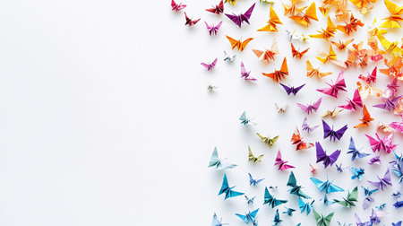 Colorful origami paper cranes symbolizing peace and joy on white surface, blank space for textの素材