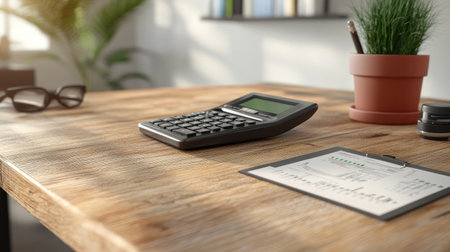 Desk with calculator, financial reports, and a growth chart, business planning concept, copy spaceの素材