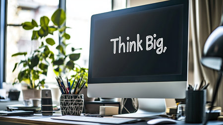 Empty workspace with a computer and motivational quote "Think Big," copy area for textの素材