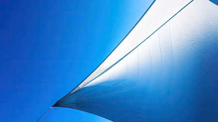 Close-up of Burj Al Arab sail-shaped structure with blue sky, copy spaceの素材