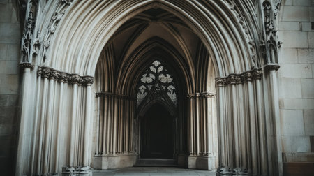Classic Gothic architecture with pointed arches and sculpted details, blank space in backgroundの素材