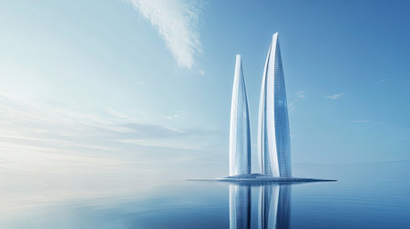 Futuristic design of Etihad Towers against a blue sky, copy space aroundの素材