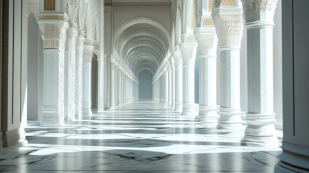 Long perspective of columns in a UAE mosque, blank space on sidesの素材