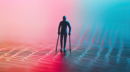 Inclusive icon of person with crutches on a tactile floor surface, clean background, copy spaceの素材