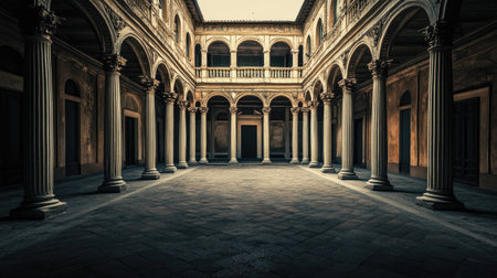 Italian Renaissance building with symmetrical columns, blank skyの素材
