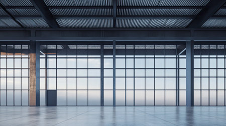 Industrial style facade with steel beams and glass, empty sky copy spaceの素材