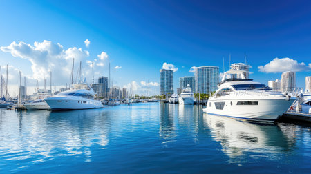 Marina skyline with yachts and skyscrapers in background, ample copy spaceの素材