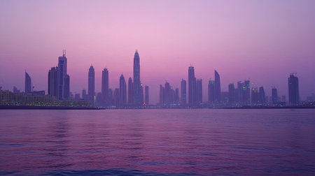 Modern Dubai cityscape at twilight, ample space for copyの素材