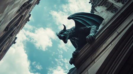 Gothic gargoyle sculpture on building facade, large sky copy spaceの素材